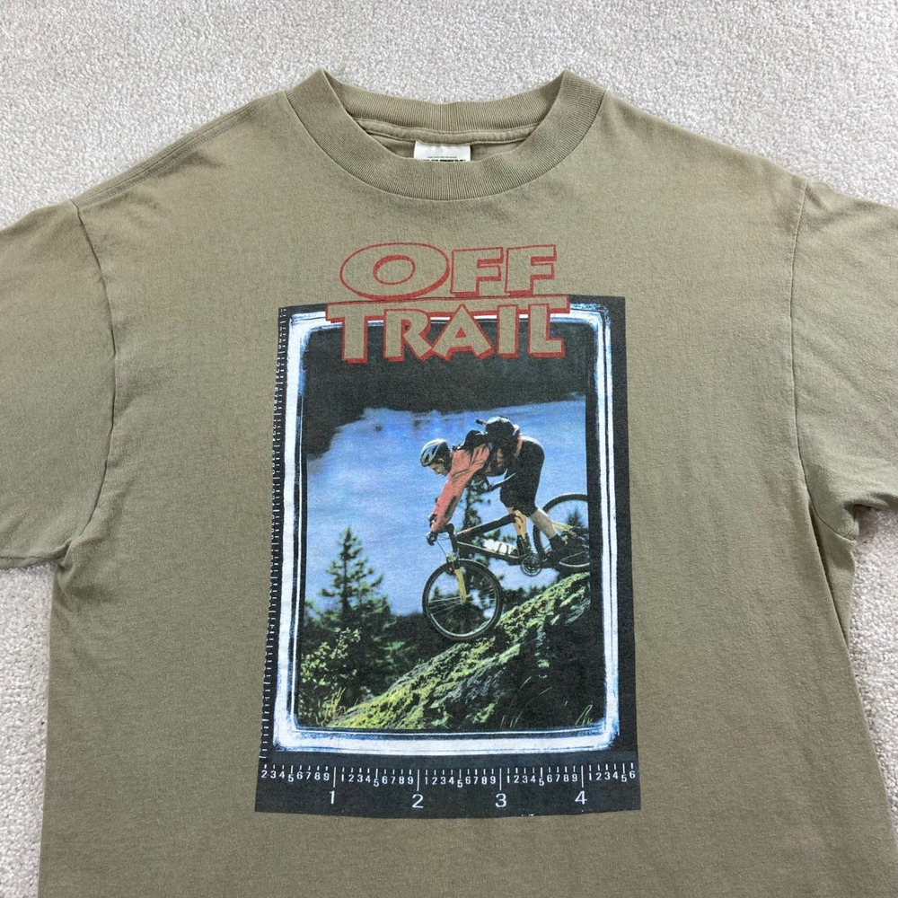 Vintage Tultex Off Trail T-Shirt Men Large Olive Green Mountain Bike Graphic Tee